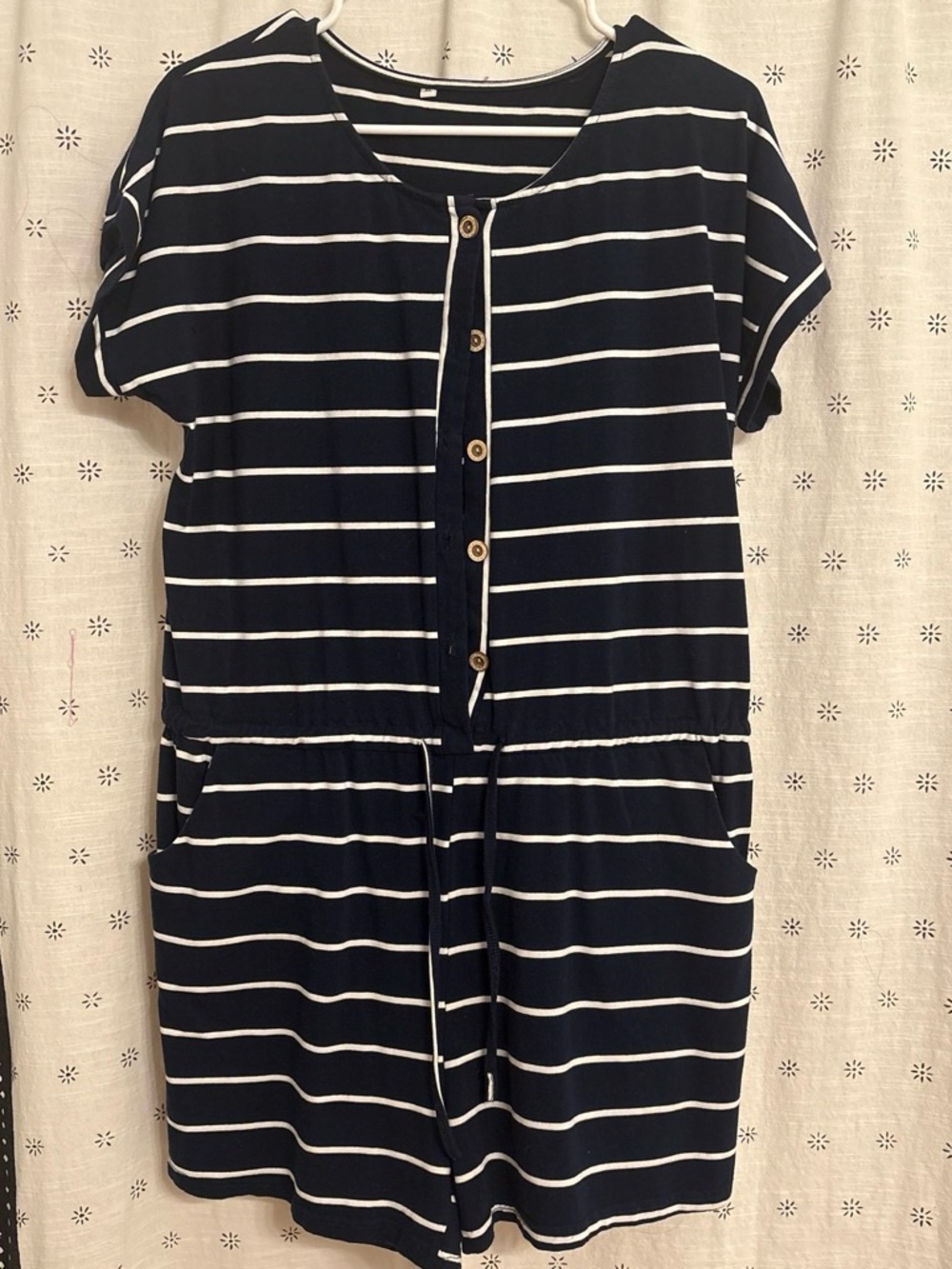 Amazon Navy Blue and White Striped Short Sleeve Romper